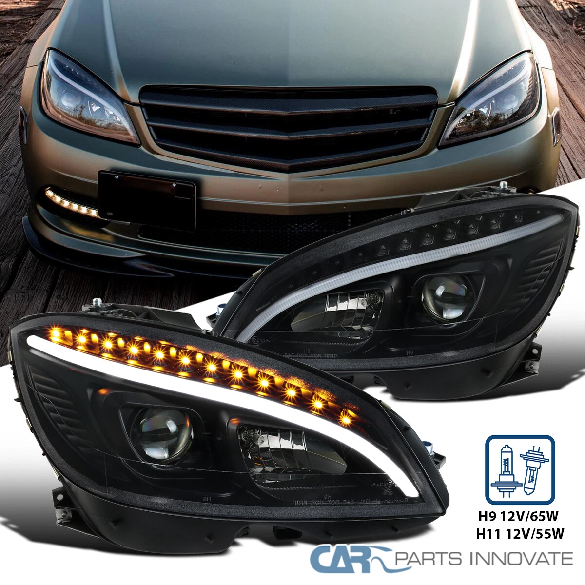 Black Fits 2008 2011 Mercedes Benz W204 Projector Headlights LED