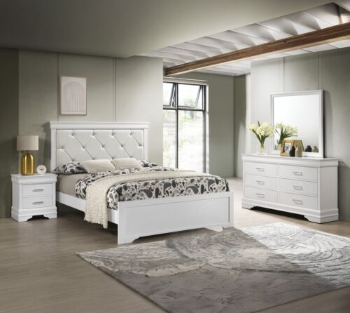 White Full Size 4pc Bedroom Set Upholstered Diamond Tufted Headboard Panel Bed