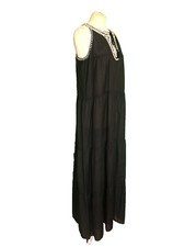 ** HUSH ** Long Black Tiered Dress ** White Trim ** Cotton ** UK 12 **