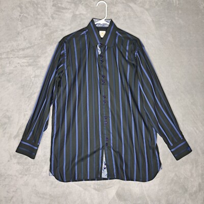 Rockys Custom Mens Striped Button Down Shirt Black Blue Long Sleeve XL