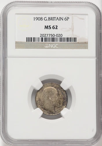 GREAT BRITAIN EDWARD VII  1908  6 PENCE COIN, UNCIRCULATED, NGC CERTIFIED MS62