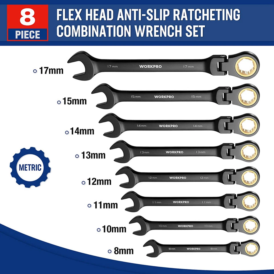 WORKPRO 8PCS Ratcheting Combination Wrench Set Metric 8-17mm Flex-Head Wrench - Image 3 of 4