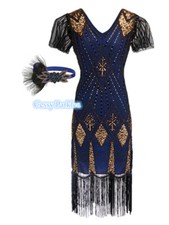 U-A3-3 Ladies Blue Gold 1920s Roaring 20s Flapper Gatsby Costume Sequins 8-18