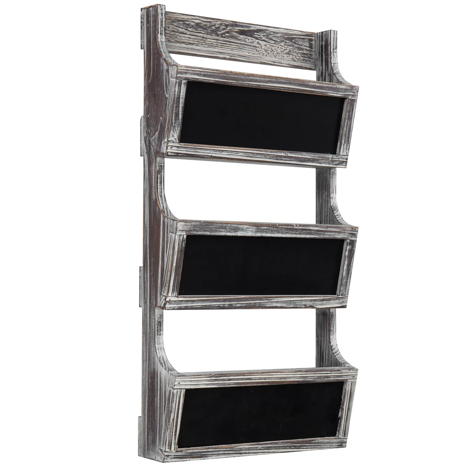 3-Slot Torched Wood Wall Magazine Rack & Mail Sorter with Chalkboard Labels - Image 3 of 4