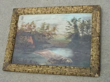 Antique Vtg Oil Board Art Painting Old Watermill Grist Mill Gesso Frame Clossen