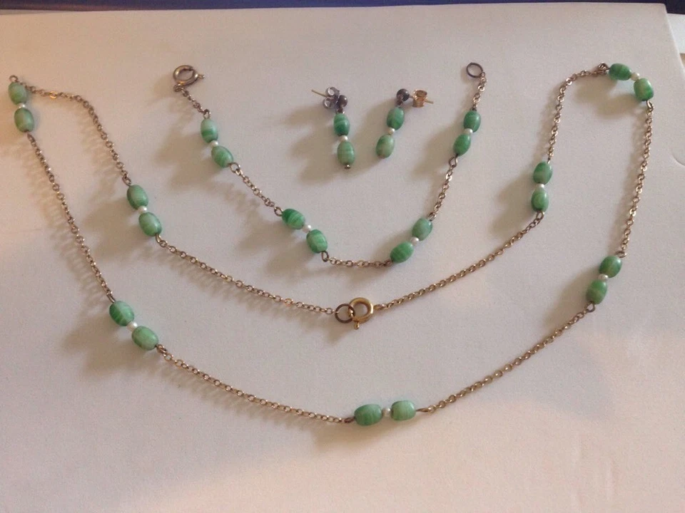 ВИНТАЖНЫЙ ожерелье браслет серьги комплект синий зеленый бирюзовый бисер GF золото заполненный - Изображение 4 из 4