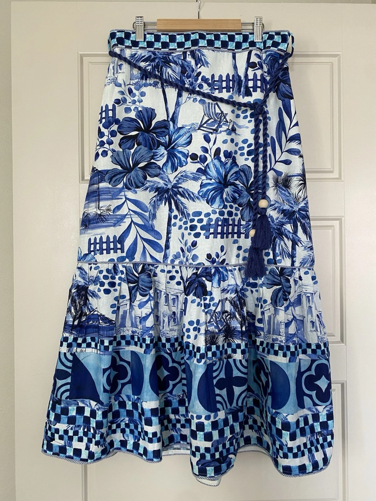House Of Harlow Medium Blue White Linen Maxi Skirt Tiered Coastal Tropical Boho