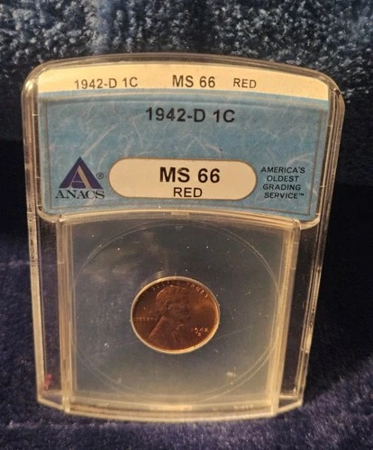 1942 D WHEAT CENT ANACS MS-66 RD - GEM BU - WHEAT PENNY