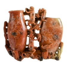 Chinese Carved Soapstone Monkey Vases
