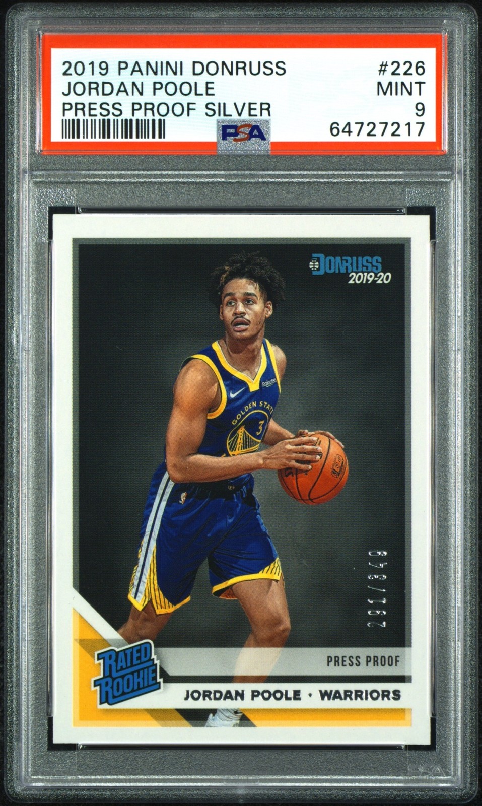 2019 Panini Donruss Jordan Poole Press Proof Silver /349 #226 RC Warriors PSA 9