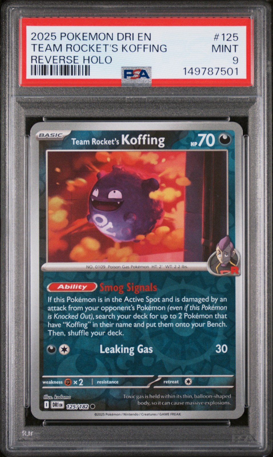 2025 POKEMON DRI EN-DESTINED RIVALS REVERSE HOLO TEAM ROCKET'S KOFFING PSA 9