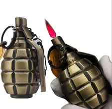Grenade-Shaped Lighter - Realistic Grenade Design with Red Flame, Heavy-Duty.