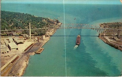 Aerial View of Blue Water Bridge & Great Lakes Freighter Postcard 1940s-50s