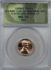 Daniel Carr 1958-D Lincoln Memorial Cent, ANACS MS70 Red