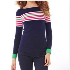 Lilly Pulitzer Maria Boatneck Sweater Navy Blue Worth Pink White Stripe sz XS
