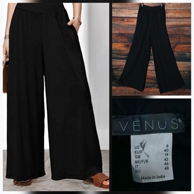 Venus Palazzo Pants 8 High Rise Wide Leg 100%  Viscose Side Zip Pockets Black