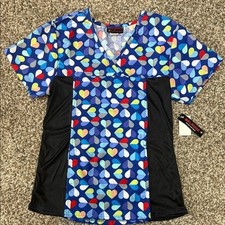 Melrose May-Hill Scrub Top XS Hearts Print Blue Black Side Panels NWT