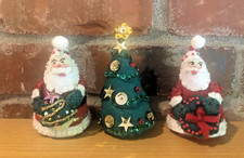 Set 3 Vintage Bucilla Handmade Felt/Sequin/Beaded Christmas Tree  Santa's 4"