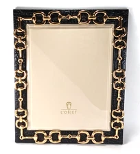 L'Objet Equestrian Picture Frame Gold D-Ring Black Italian Leather Croc 8x10