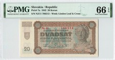 SLOVAKIA 20 Korun 1942, P-7a Issued Banknote, PMG 66 EPQ Gem UNC, Rare Grade.