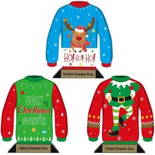 3PCS Ugly Christmas Sweater Trophy Award, 6.2" Xmas Wooden Ugly Sweater Party...