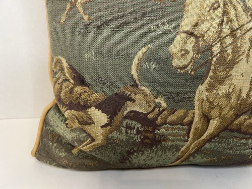 Vintage Wandteppich Fuchsjagd Reitsport 16x16 Kissen gelb gold Rücken - Bild 2 von 5
