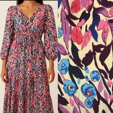 RAGA Floral Leaf Tiered Maxi Dress Surplice Neck Balloon Sleeve Elastic Waist Lg