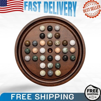 Deluxe Wooden Solitaire Game Set, 12.6'' Board with 32 Marble Balls
