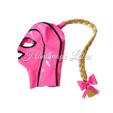Pink Latex Hood Rubber Mask Single Ponytail Back Zipper for Fetish Clubwear BDSM