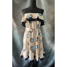 French Connection Dress Silk Blend Size 6 Beige Blue Black Ruffle