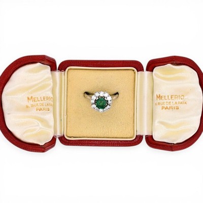 Mellerio Platin Gänseblümchen Ring - 1ct natürlicher Smaragd & Diamanten - signiert
