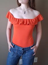 Express Women s Coral Ribbed Ruffle Off The S...