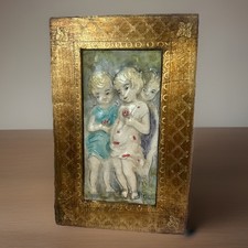 Piastrella ceramica vintage Emanuele Terzani maiolica italiana rilievo bambini incorniciata