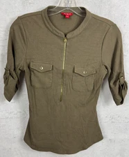 Guess Ribbed Shirt 1/2 Zip Roll Sleeve Green Collar Pockets Top Womens Small