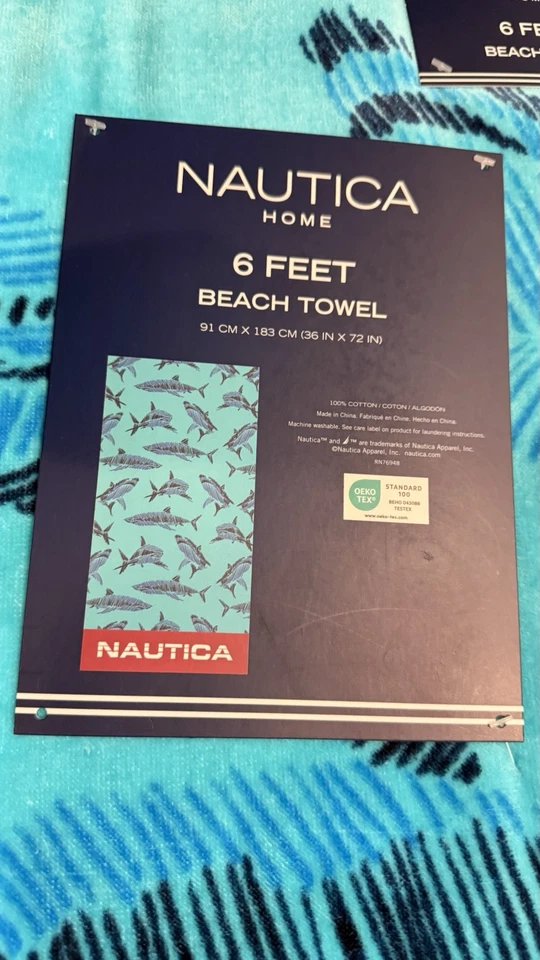 Подлинный 100% хлопок Nautica пляж полотенце 36 x 72 «новый океан акулы большой 6 футов - Изображение 2 из 4