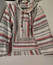 Baja Hoodie XL Pullover Hippie Boho VTG Woven Surfer Skater Black White Molina