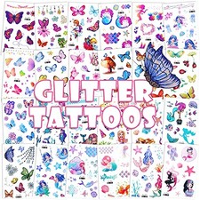 Glitter Temporary Tattoo for Girls, 24 Sheets Butterfly Mermaid Fairy Flowers
