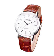 Basic Easy To Read Quartz Watch Cheap Brown PU Leather Strap White  Clear Face
