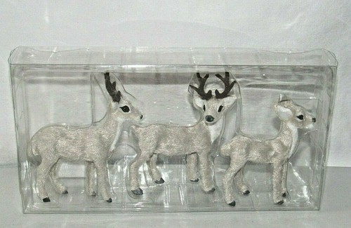 CHRISTMAS REINDEER DEER RETRO STYLE SILVER FLOCK FAUX FUR 3 PIECE FIGURINE SET - Picture 2 of 8