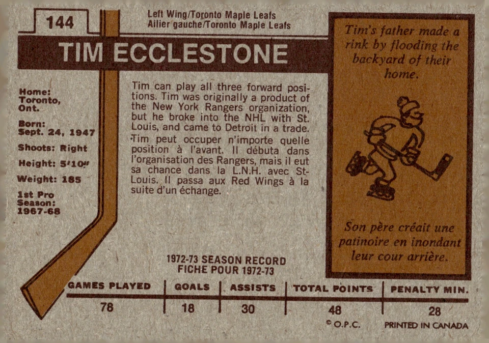 Tim Ecclestone - Signed 1973-74 O-Pee-Chee Card #144 'Deceased' - Image 2 of 2