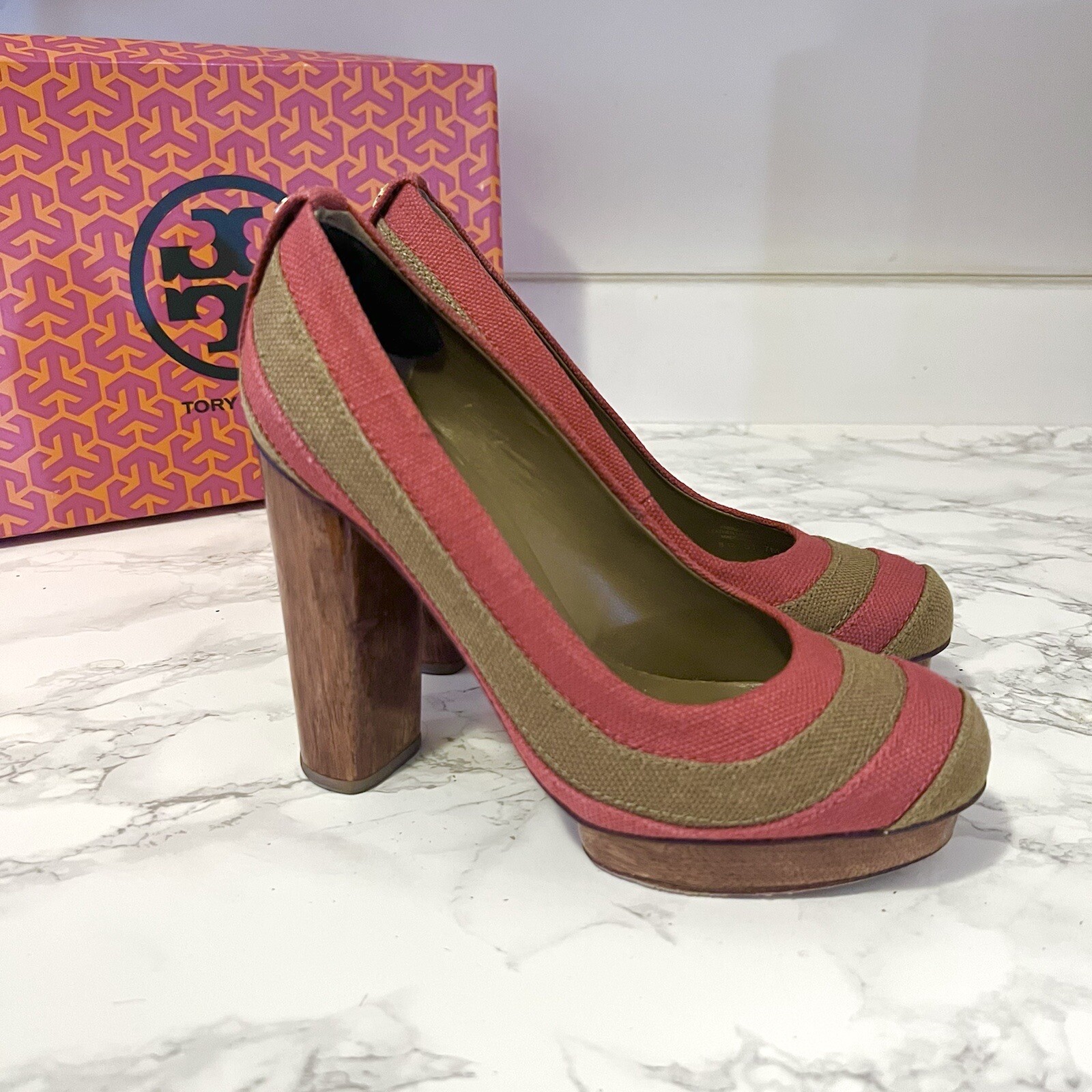 Tory Burch Joelle Platform Linen Pumps Block Heels 7 | eBay