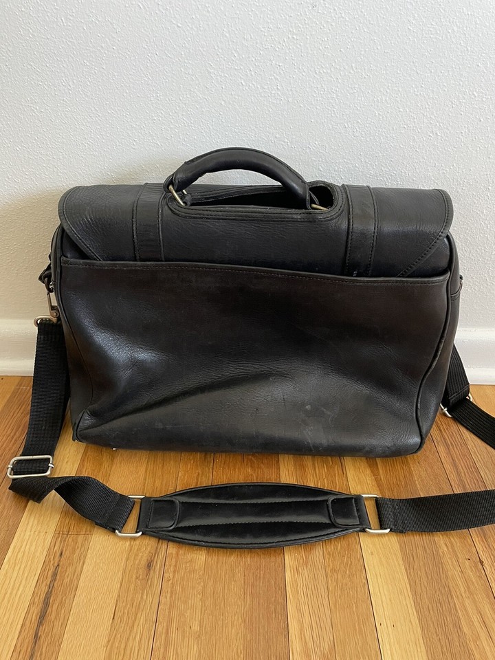 VINTAGE EDDIE BAUER LEATHER BRIEFCASE MESSENGER LAPTOP BAG BLACK Heavy