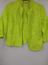 Chico's Linen Blend Open Front Jacket Womens 2 L Green Embroidery Lightweight