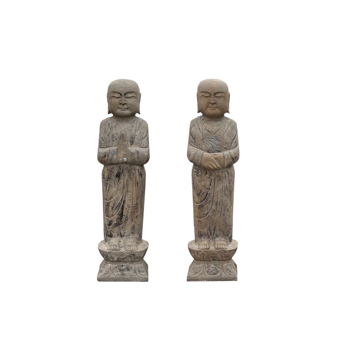 Pair Chinese Stone Carved Standing Zen Garden Monk Lohon Statues cs7645S Pair Chinese Stone Carved Standing Zen Garden Monk Lohon Statues cs7645S