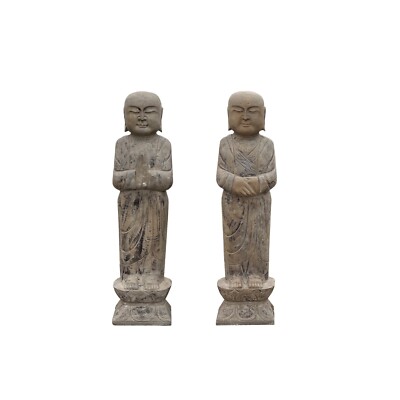 Pair Chinese Stone Carved Standing Zen Garden Monk Lohon Statues cs7645S Pair Chinese Stone Carved Standing Zen Garden Monk Lohon Statues cs7645S