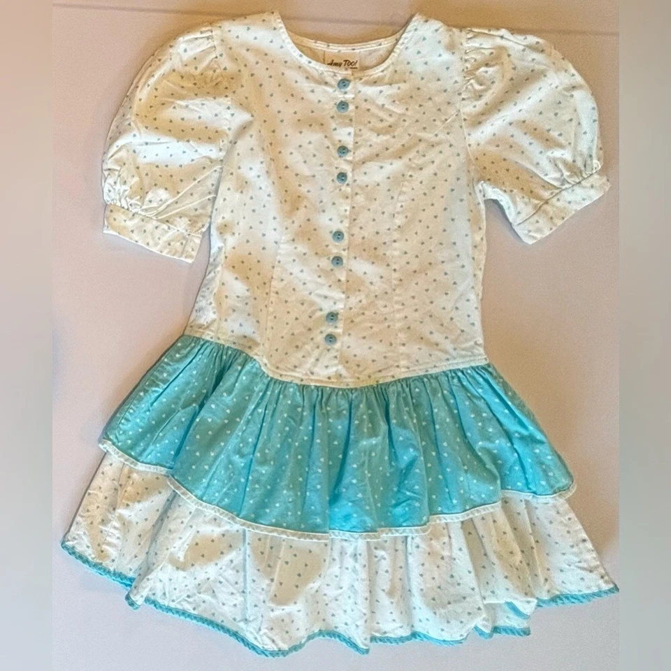 ¡TAMBIÉN AMY VINTAGE! Vestido blanco y azul con volantes a lunares para niñas años 80 90 talla 12 Foto 3 de 4