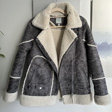 Urbancode London Women Faux Fur Shearling Aviator Jacket Coat/Size S 10/ Grey