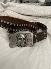 Brown Studded Belt With skull Buckle