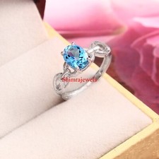 Natural Blue Topaz Gemstone With 18K White Gold Plated Silver Women's Ring 1234
