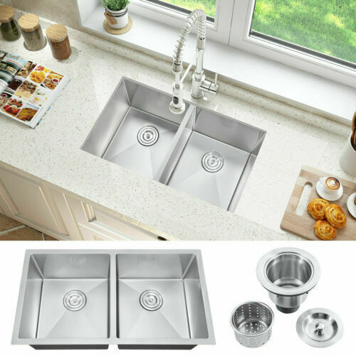 32" Stainless Steel Kitchen Sink Double Bowl Basin Undermount Sink w/Accessories